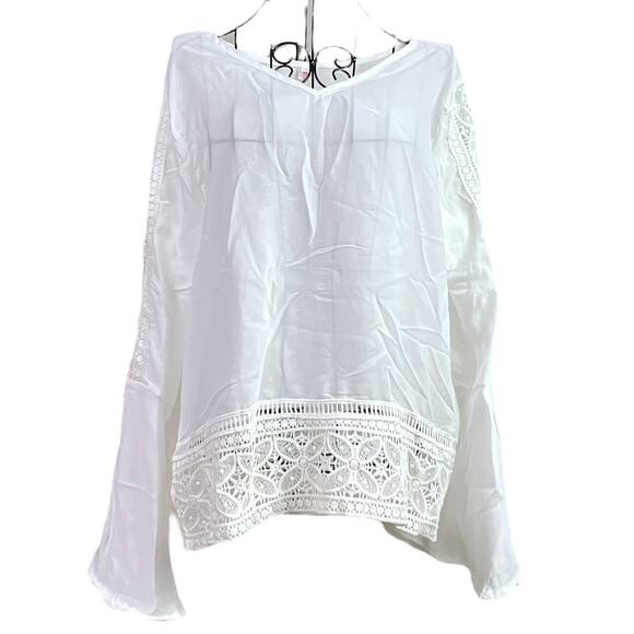 Exquisite Semi-Sheer Tunic Top Lace Bell Sleeves V-Neck White - Picture 1 of 13